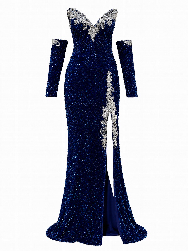 【新品DRESS 2022】総スパンコールビジュー刺繍アームカバー付きロングドレス ブルー